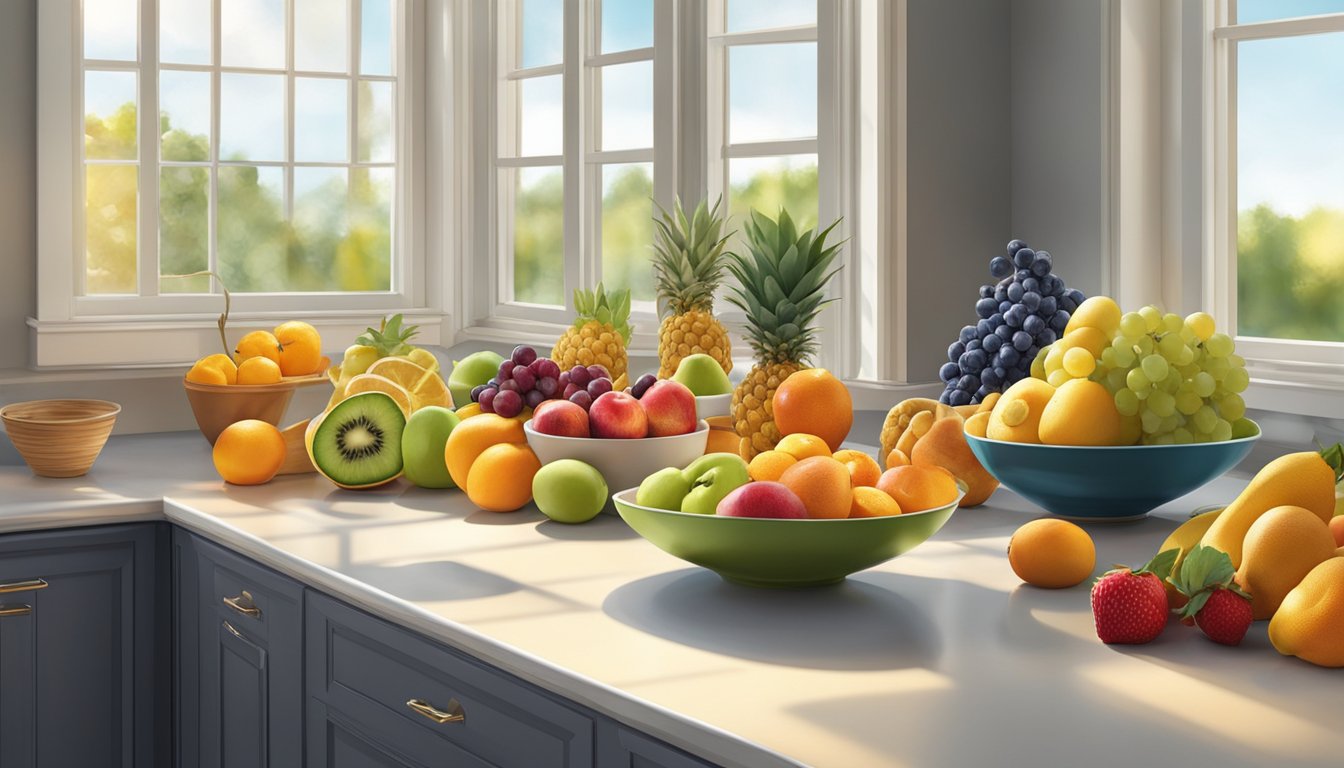 A colorful assortment of fresh fruits arranged in various decorative ways on a kitchen counter, with natural light streaming in from a nearby window