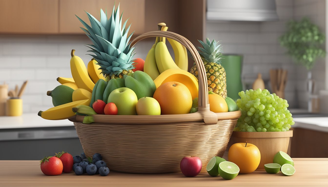 A colorful fruit basket sits on a kitchen counter, surrounded by fresh produce and a measuring tape, representing a weight-loss friendly home