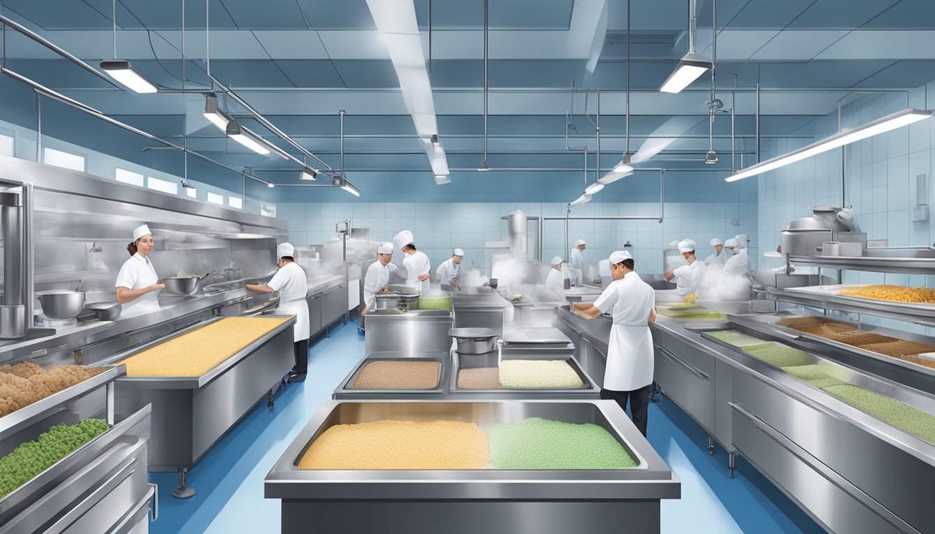 A bustling test kitchen with chefs creating new Blue Bell ice cream flavors amidst rows of ingredients and industrial equipment