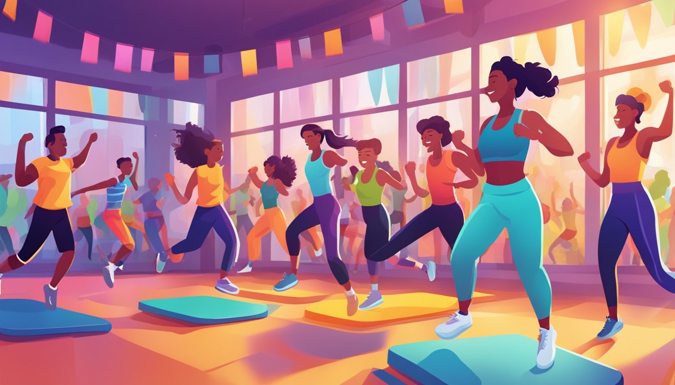 A colorful gym with upbeat music playing, surrounded by energetic people dancing, jumping, and laughing while exercising