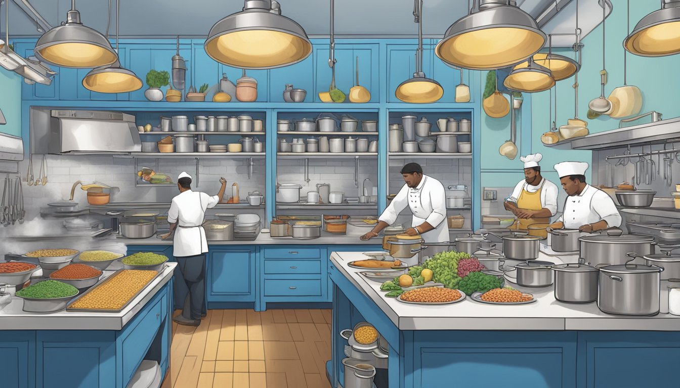 The bustling Blue Bell Test Kitchen: A colorful array of ingredients, bubbling pots, and busy chefs creating magic