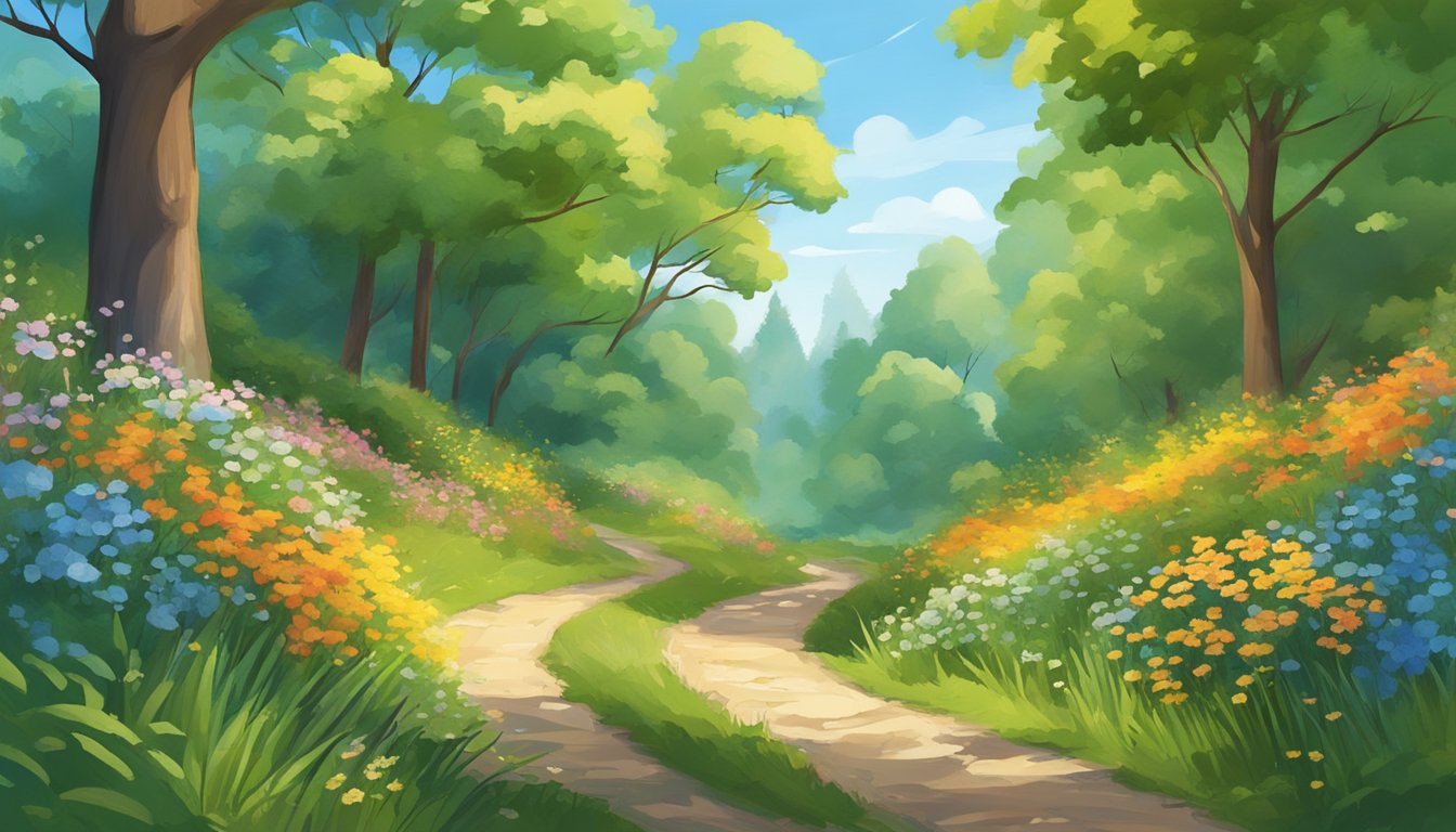 A winding nature trail surrounded by vibrant green trees and colorful wildflowers, with a clear blue sky overhead and a gentle breeze rustling the leaves