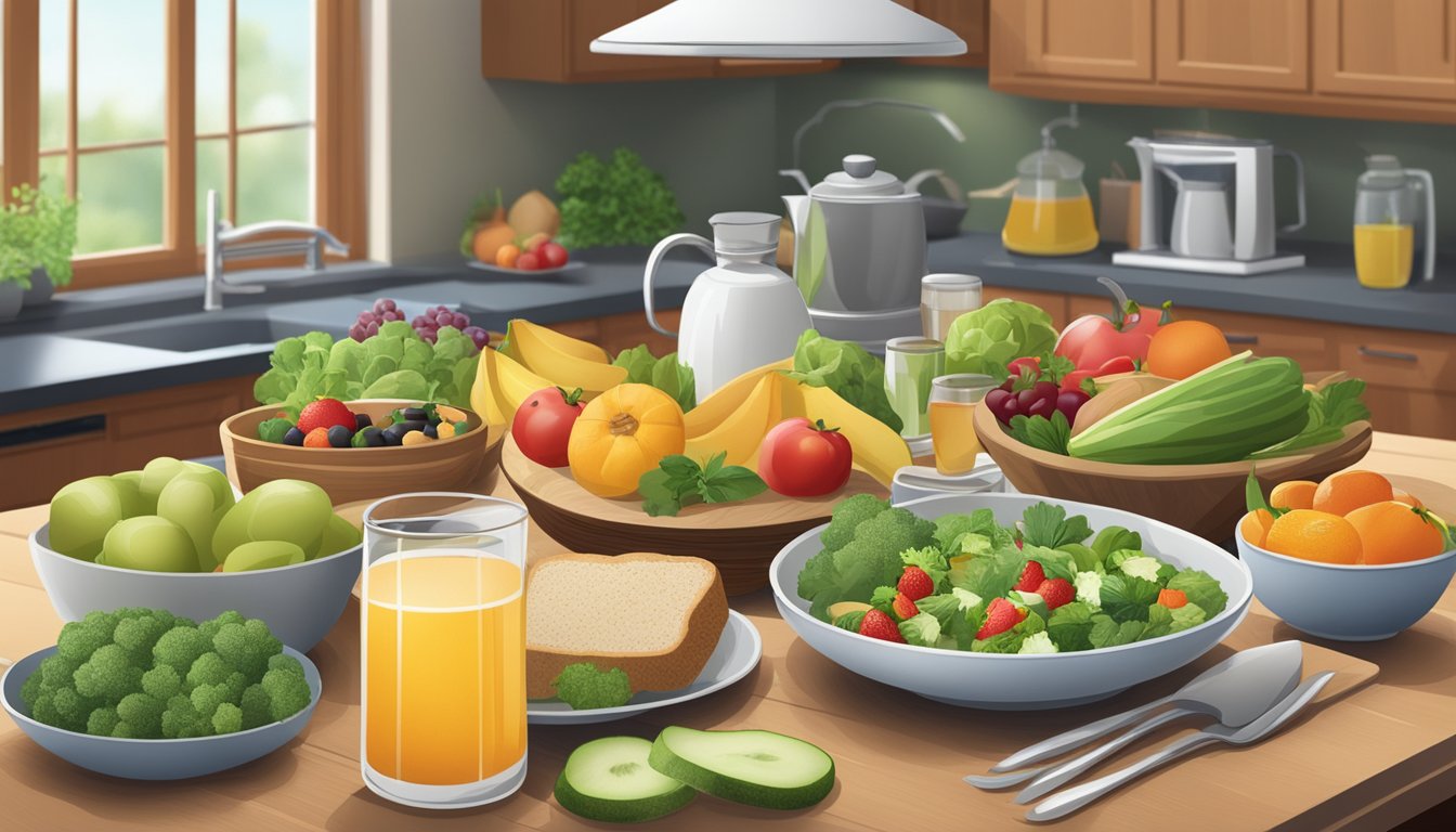 A kitchen table set with a variety of healthy foods, including fruits, vegetables, lean proteins, and whole grains. Water and herbal tea are also displayed