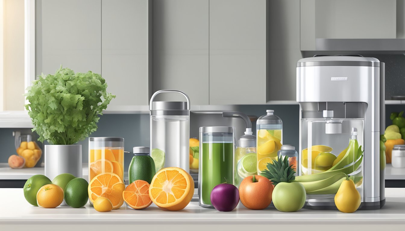 A kitchen counter with a variety of fruits, vegetables, and water bottles arranged neatly next to a sleek water dispenser