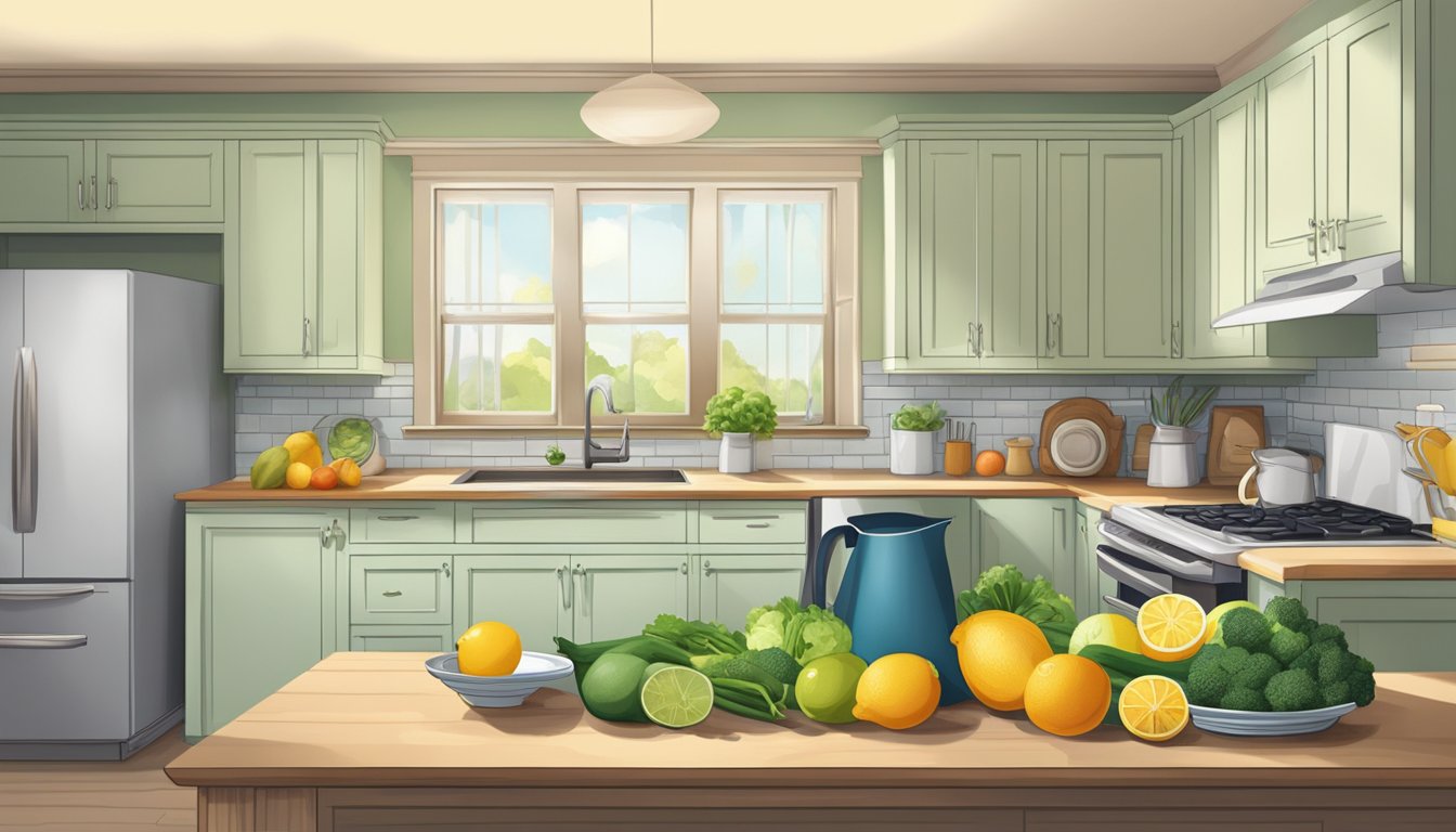 A bright, organized kitchen with fresh fruits and vegetables on the counter, a water pitcher with lemon slices, and a yoga mat in the corner