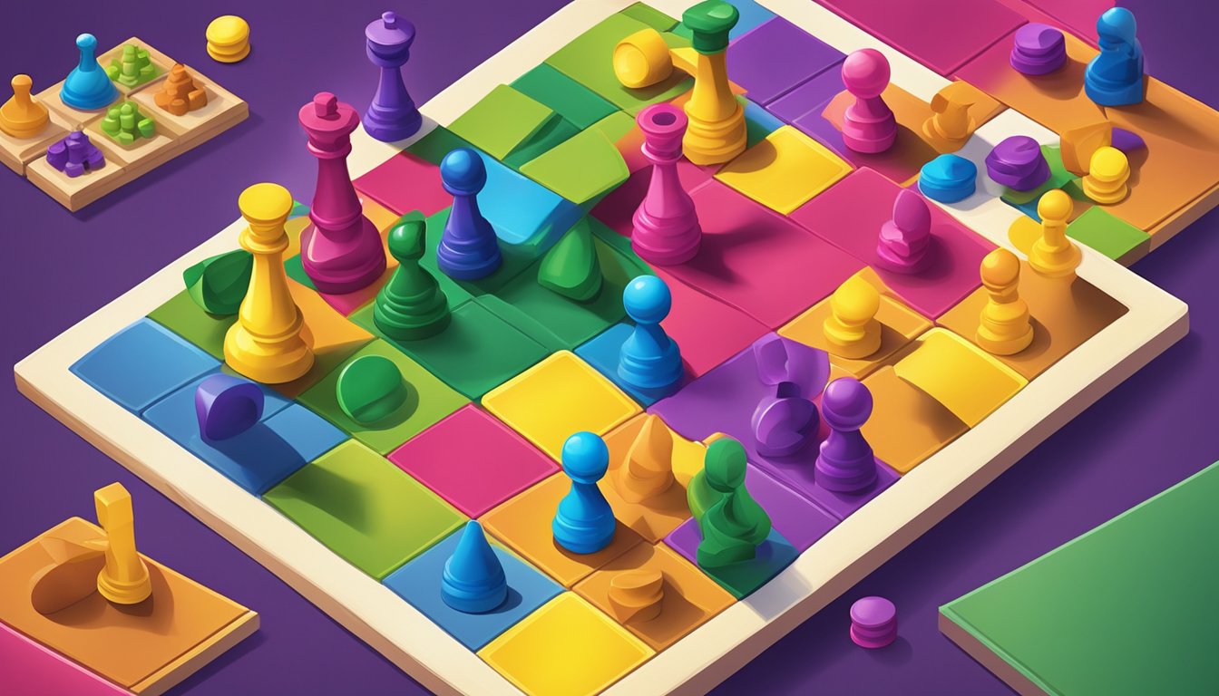 A group of colorful game pieces scattered across a vibrant game board, surrounded by enthusiastic players engaged in friendly competition