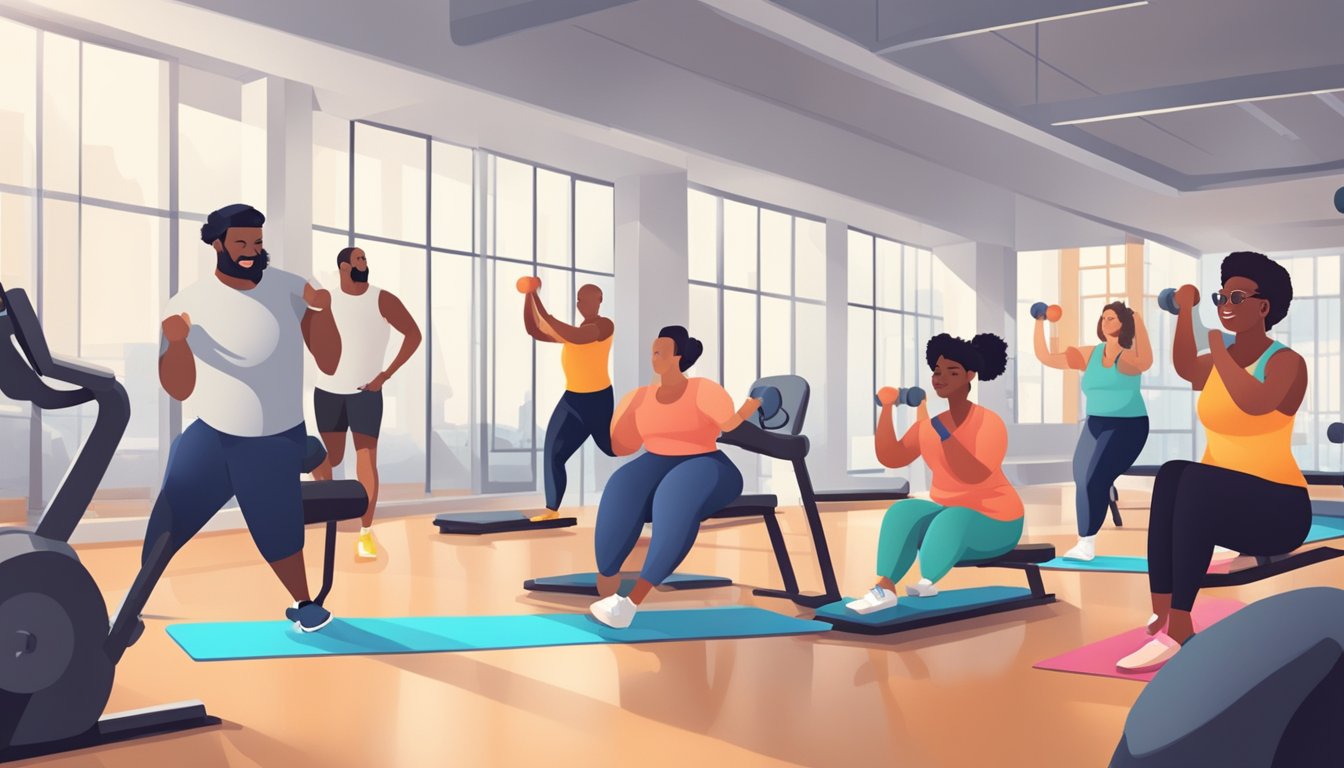 A group of diverse individuals engage in various enjoyable and supportive exercise activities in a bright and spacious gym environment