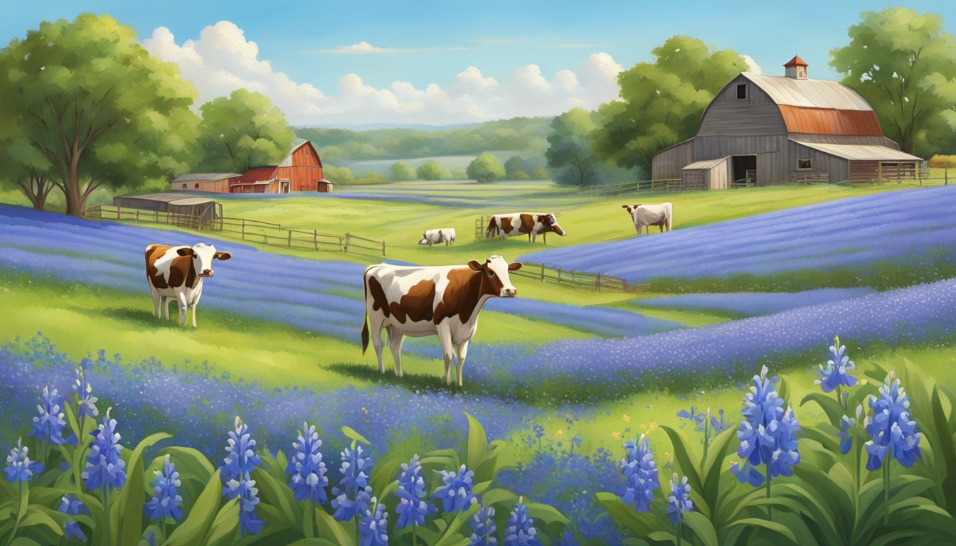 A sprawling Texas farm with rows of vibrant bluebell flowers, a quaint creamery nestled in the countryside, and happy cows grazing in lush pastures