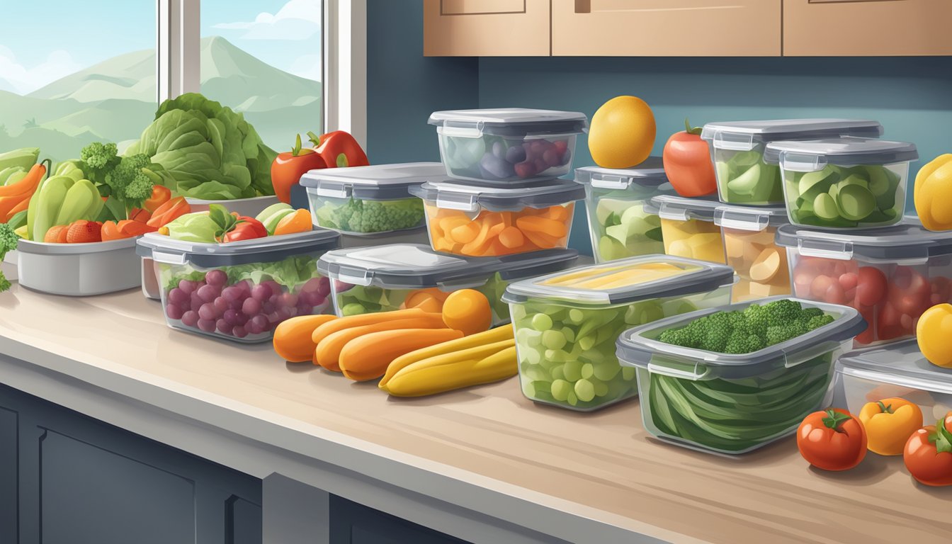 A kitchen counter with neatly organized containers of prepped meals, surrounded by fresh fruits and vegetables