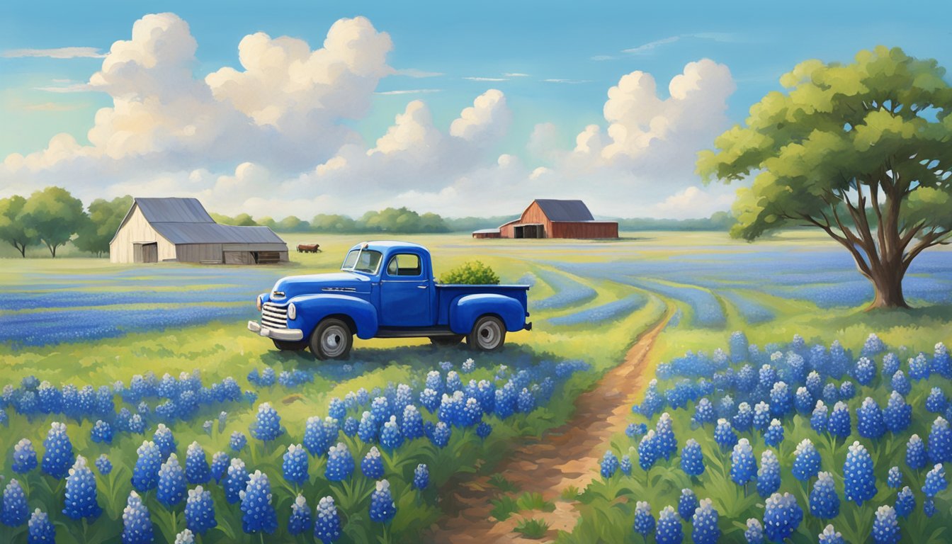 A field of vibrant bluebonnets stretches across the Texas landscape, with a dairy farm in the distance and a Blue Bell delivery truck parked nearby