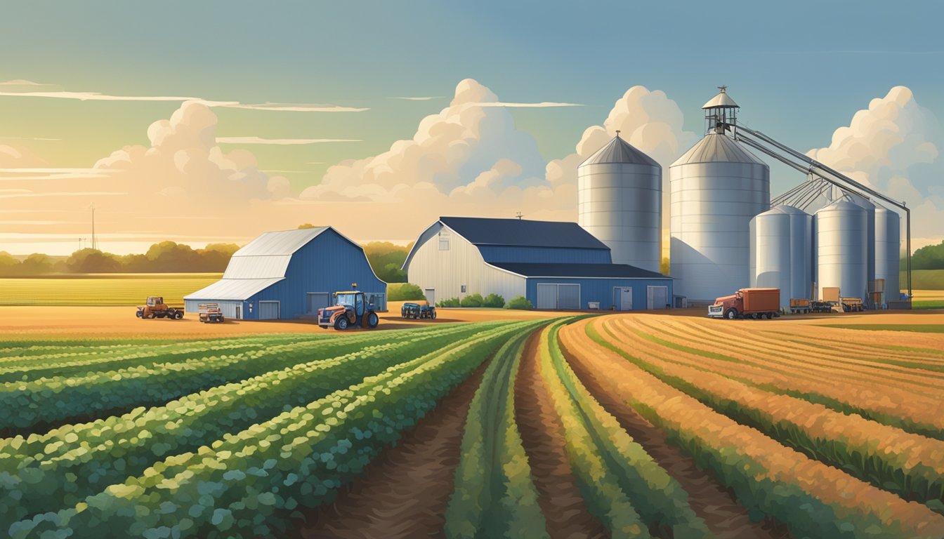 A sprawling Texas farm with rows of crops, a dairy barn, and a Blue Bell delivery truck parked in front