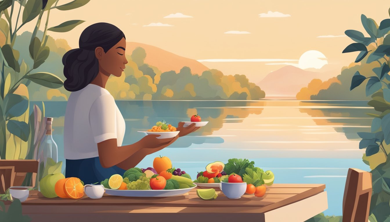 A serene setting with a balanced meal on a plate, surrounded by fresh fruits and vegetables. A person is sitting comfortably, taking time to savor each bite