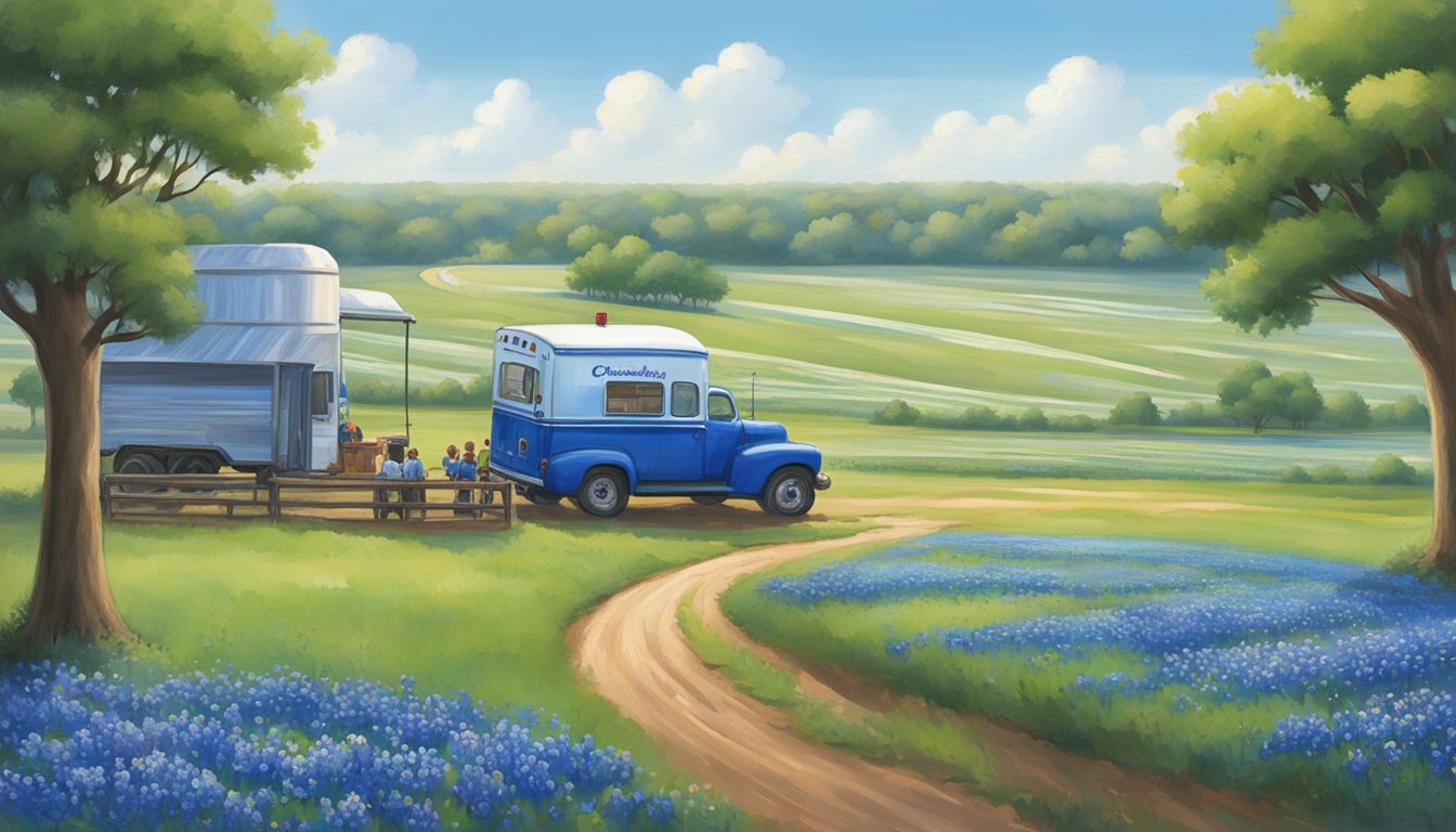 A sprawling Texas farm with fields of vibrant bluebonnets stretching to the horizon, a lone Blue Bell ice cream truck parked nearby, symbolizing the brand's impact on the state's agricultural industry