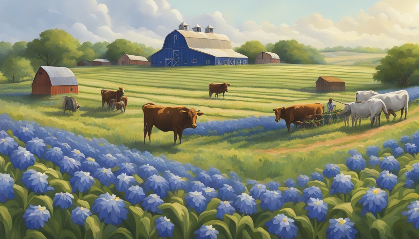 A sprawling Texas farm with rows of crops and grazing cattle, overseen by a towering blue bell flower symbolizing corporate influence