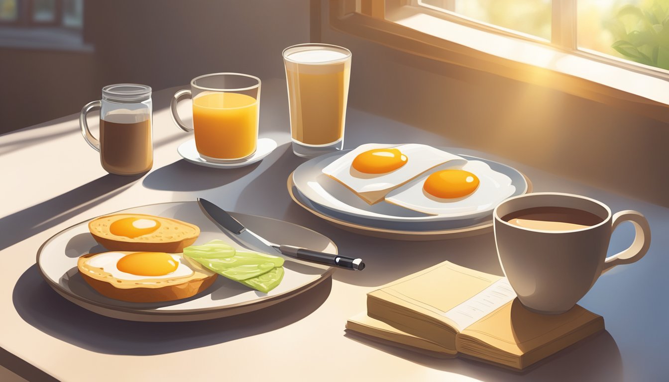 A table set with a variety of healthy breakfast foods, a cup of coffee, and a journal with a pen next to it. Sunlight streams in through a window, casting a warm glow over the scene