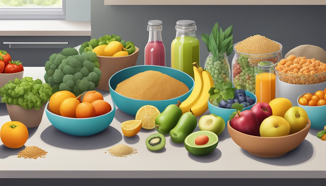 A kitchen counter with a variety of fresh fruits, vegetables, whole grains, and lean proteins neatly arranged in colorful containers and baskets