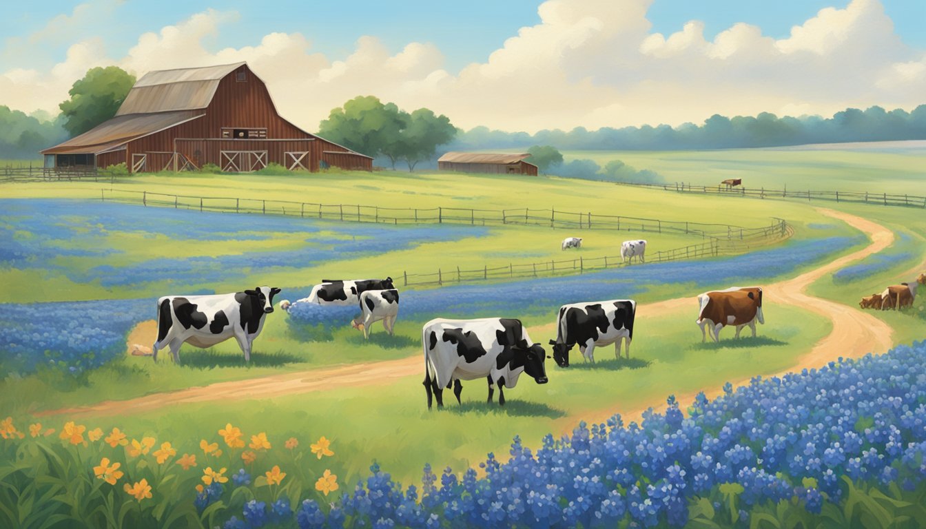 A sprawling Texas farm with rows of vibrant bluebonnets, a rustic barn with the Blue Bell logo, and a herd of contented dairy cows grazing in the distance