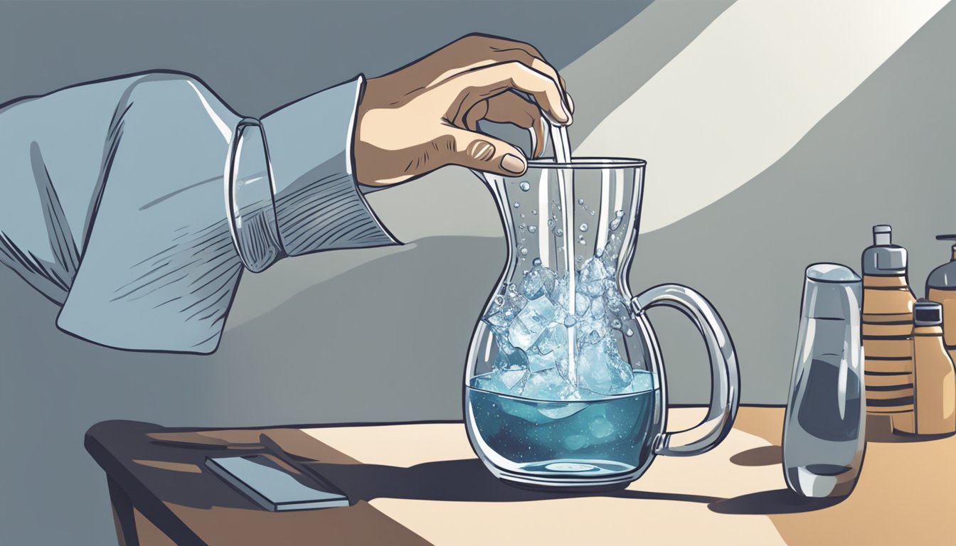 A person's hand filling a glass with water from a pitcher