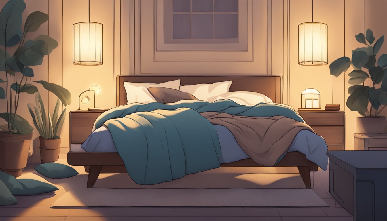 A person sleeping peacefully in a cozy bed, surrounded by calming elements like a warm blanket, soft pillows, and a dimly lit bedside lamp