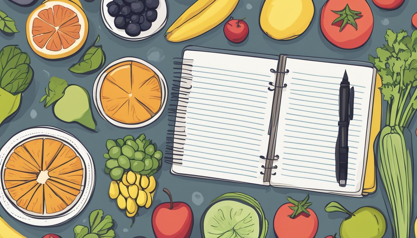 A kitchen counter with a variety of fresh fruits, vegetables, and lean proteins laid out for meal planning. A notebook and pen sit nearby for jotting down ideas