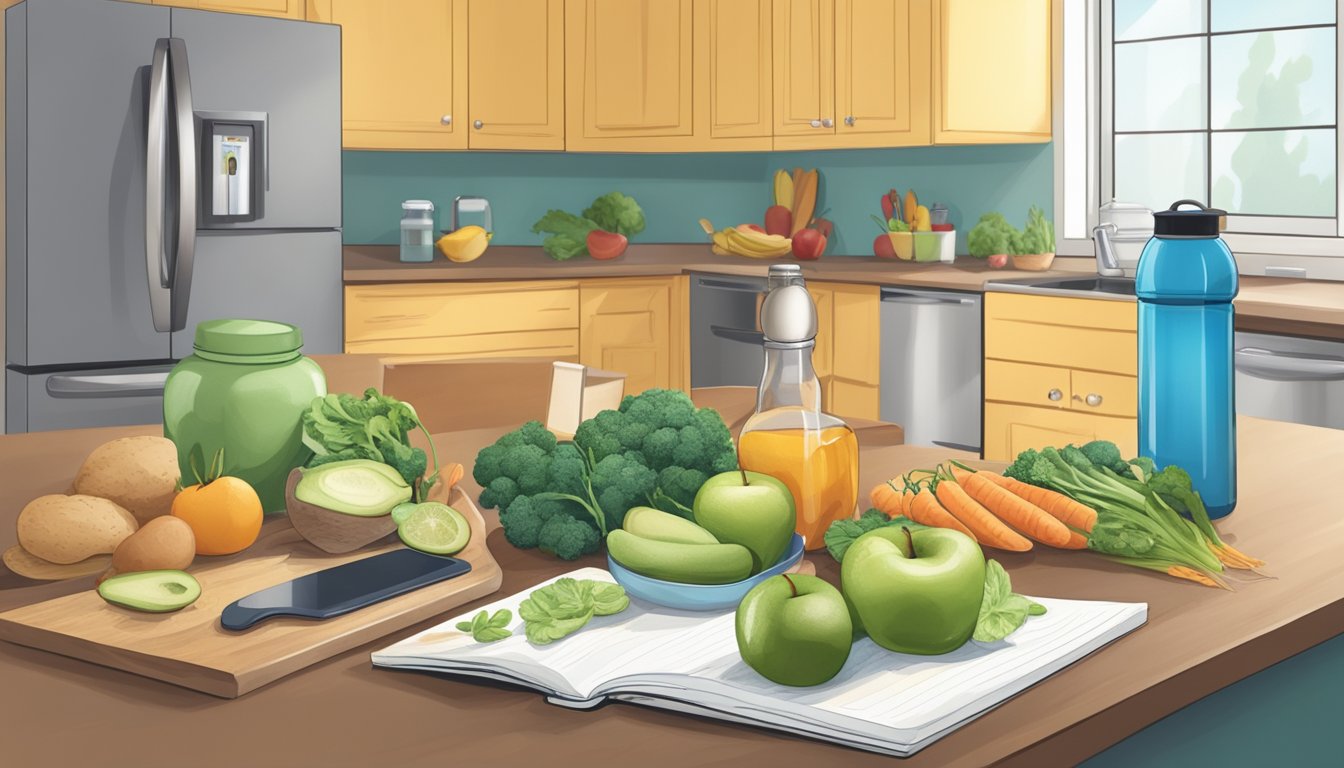 A kitchen counter with a variety of healthy foods, a water bottle, a scale, and a journal for tracking progress. A person exercising in the background