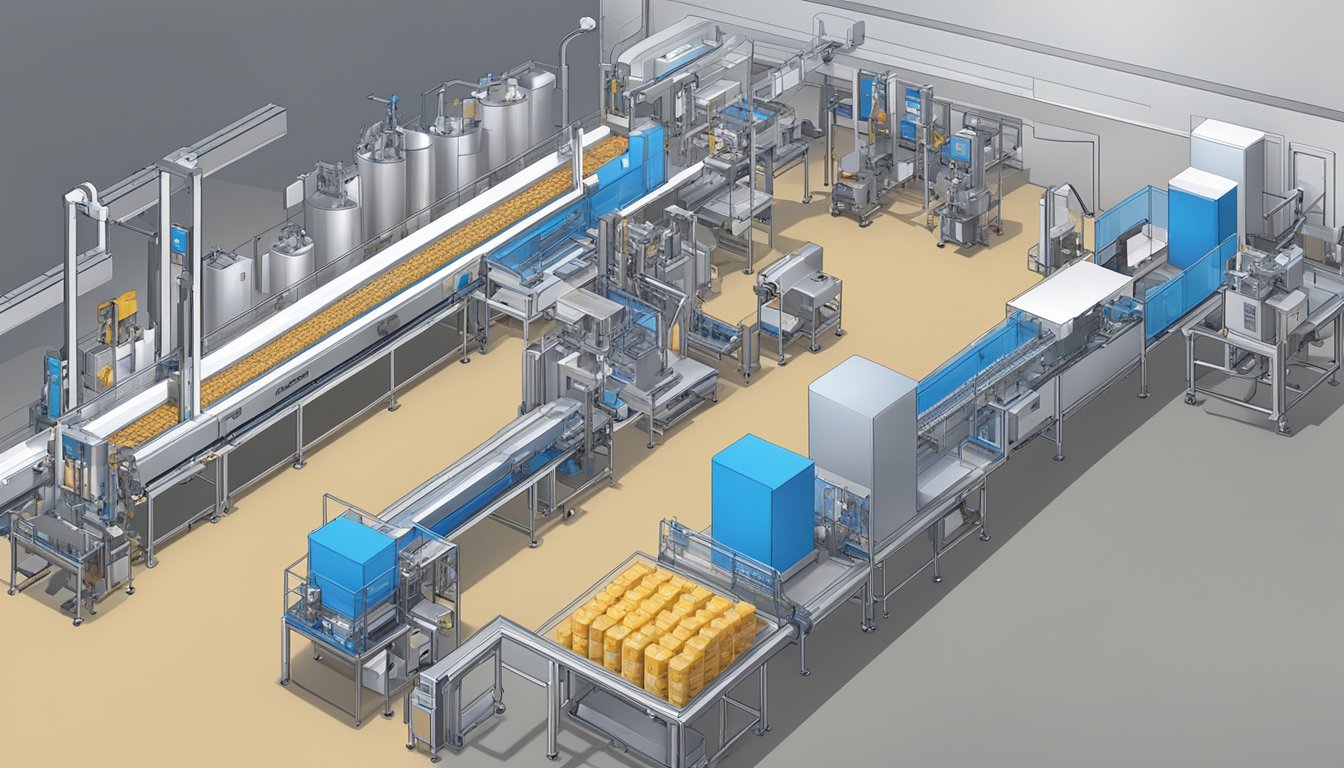 A modern packaging line with conveyor belts, robotic arms, and various machines, showcasing the evolution of Blue Bell's packaging design