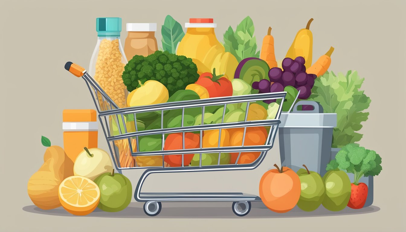 A grocery cart filled with fruits, vegetables, and whole grains. A list of budget-friendly healthy foods. A vial of weight loss injections on the counter