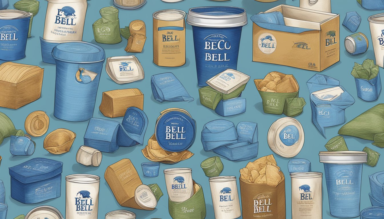 A colorful array of eco-friendly packaging materials surrounds the iconic Blue Bell logo, showcasing the evolution of sustainable design