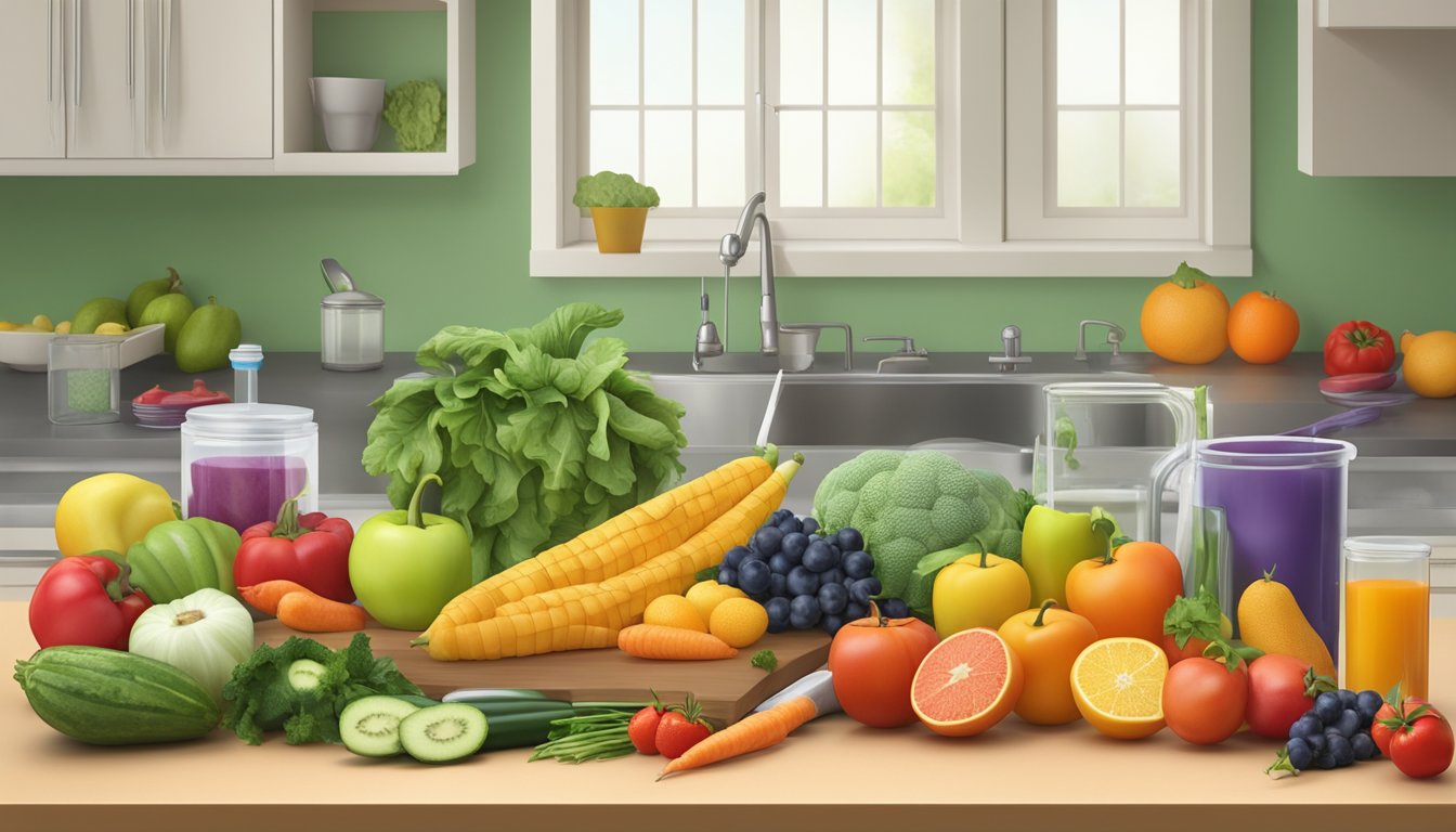 A colorful array of fresh fruits and vegetables arranged on a kitchen counter, with a scale and syringe nearby