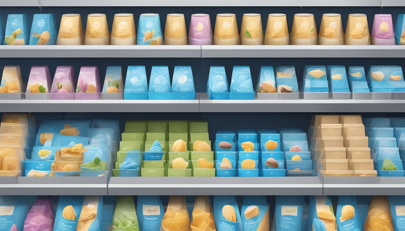 A colorful array of Blue Bell ice cream cartons arranged on a modern, minimalist display shelf, with a focus on the evolution of the packaging design