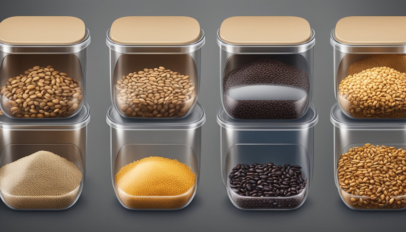 A variety of grains and beans spill out of large, clear containers onto a countertop, with scoops and bags nearby for packaging