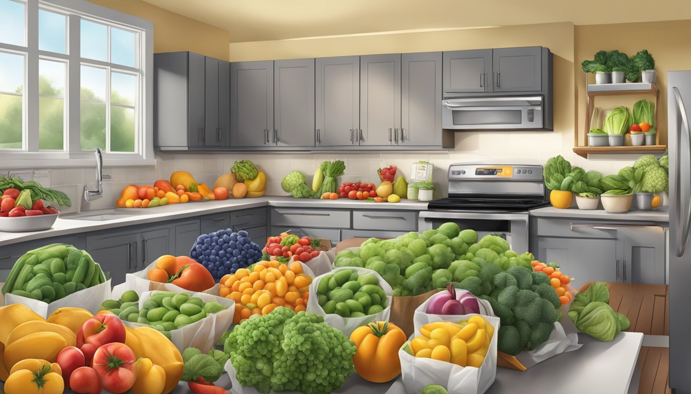 A colorful array of frozen fruits and vegetables arranged in a kitchen, with bags and containers of produce spilling out onto the counter