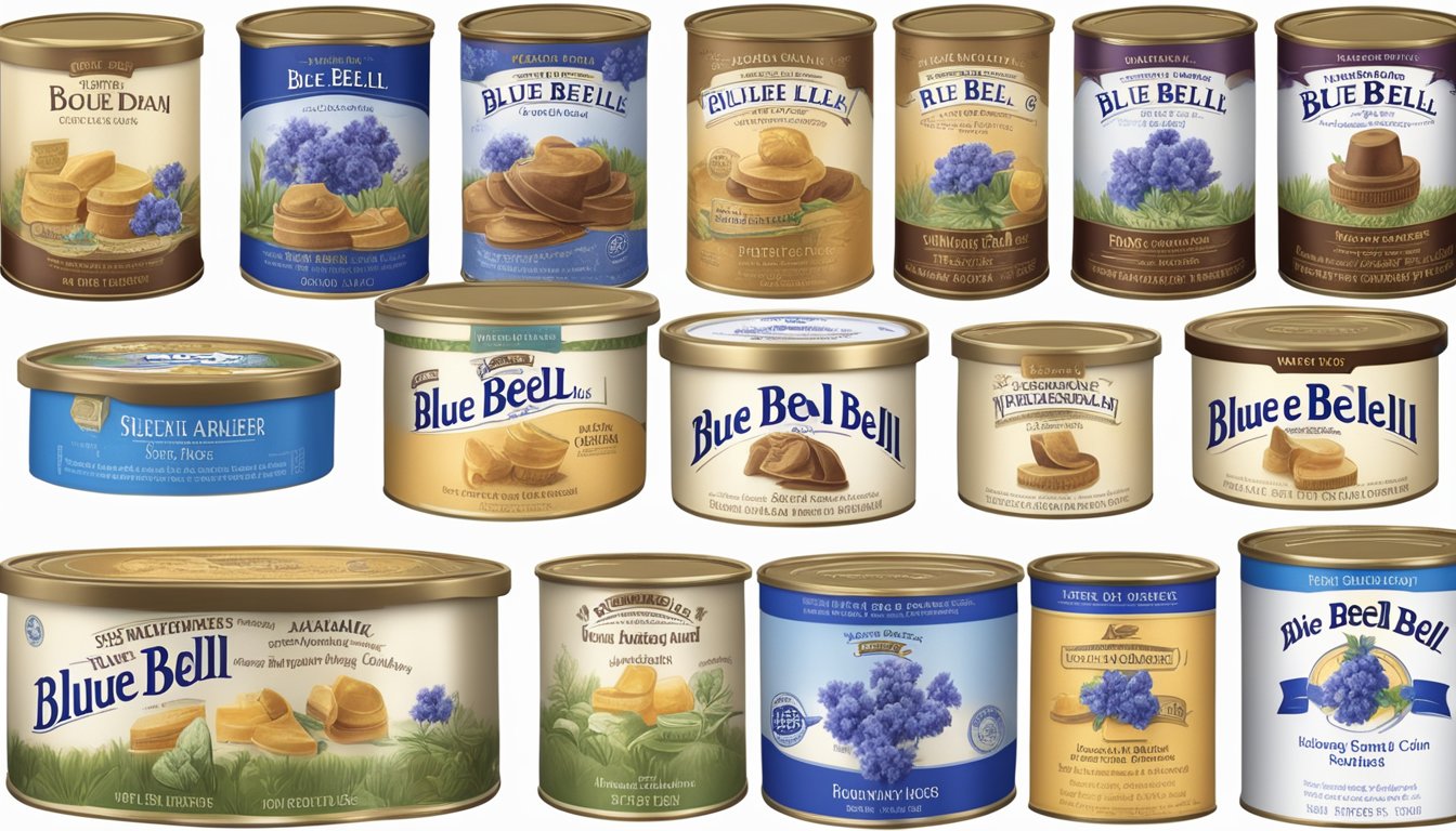 A display of various Blue Bell product packaging through the years, arranged in chronological order on a clean, white surface