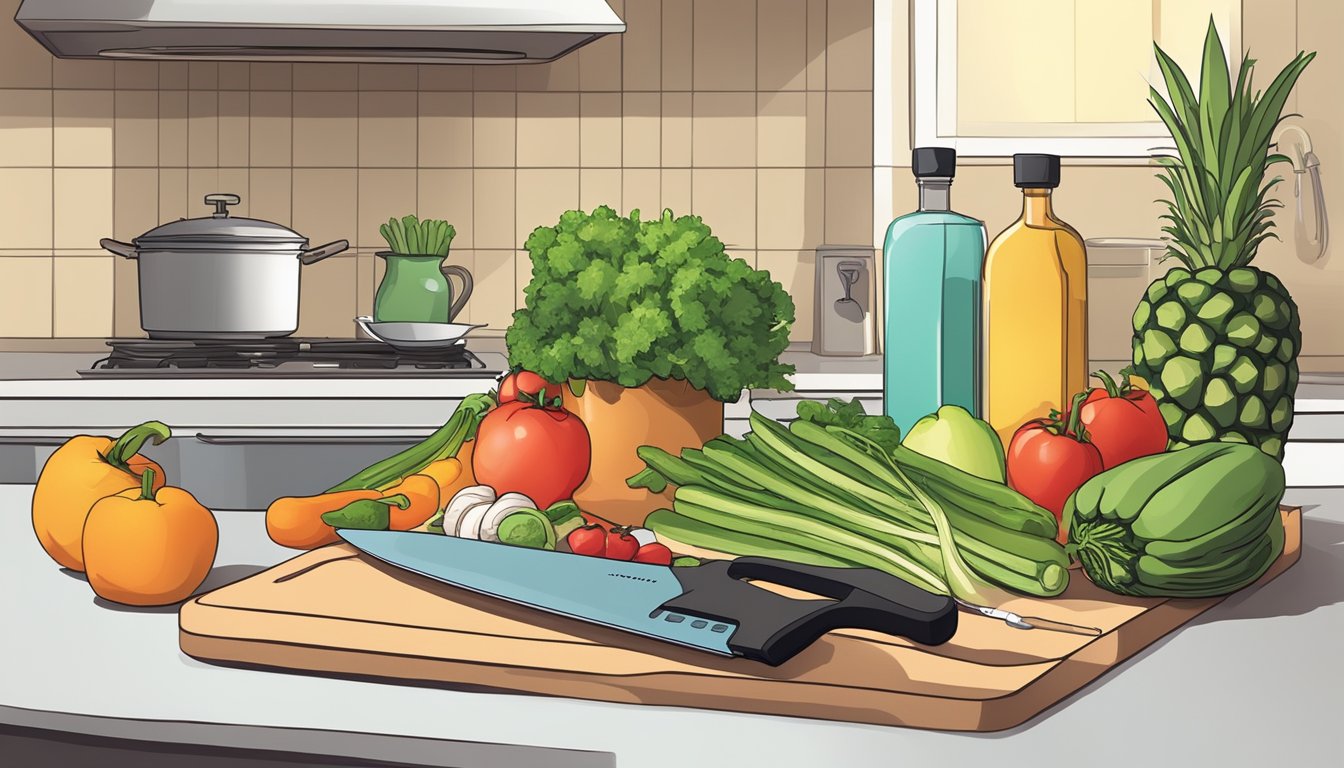 A kitchen counter with fresh produce, a cutting board, and cooking utensils. A cookbook open to a healthy recipe. A syringe and vial of weight loss injections nearby