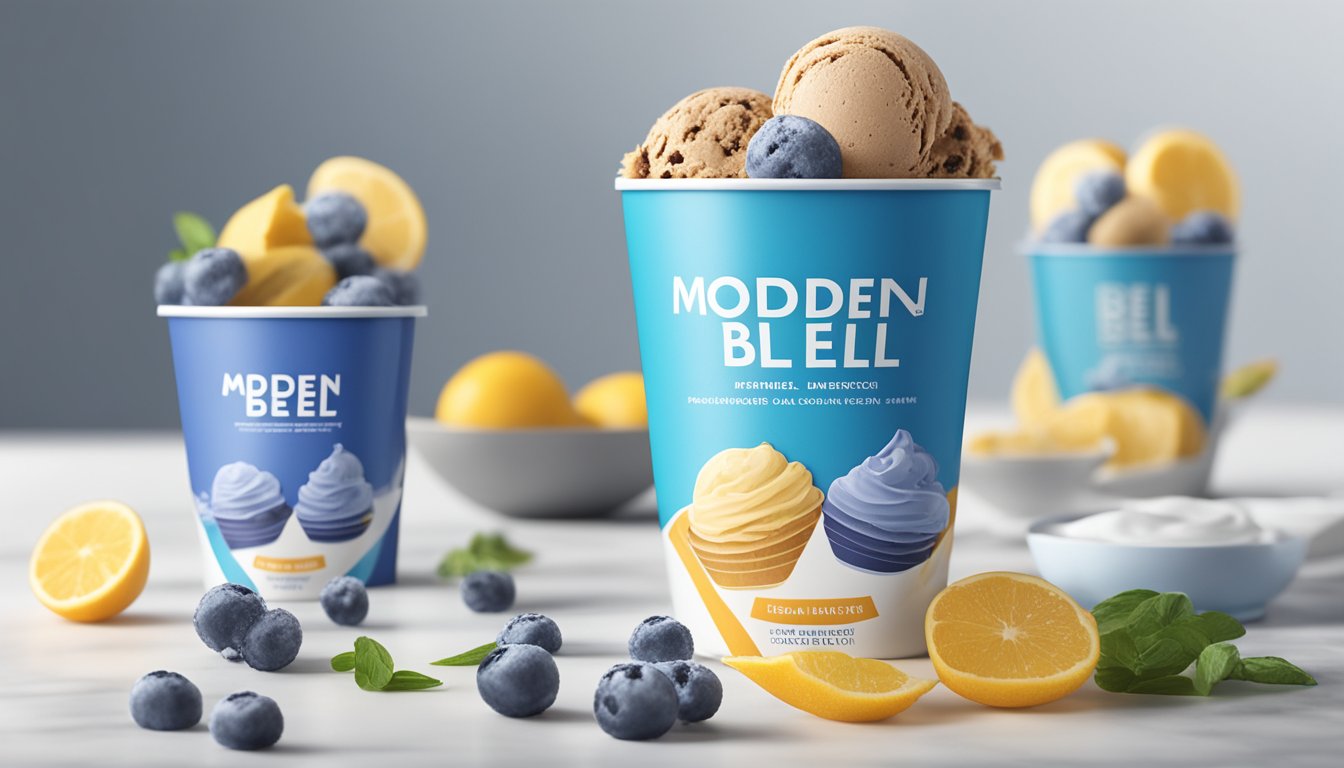 A modern Blue Bell ice cream carton sits on a clean, white kitchen counter, surrounded by fresh ingredients and a sleek, minimalist packaging design