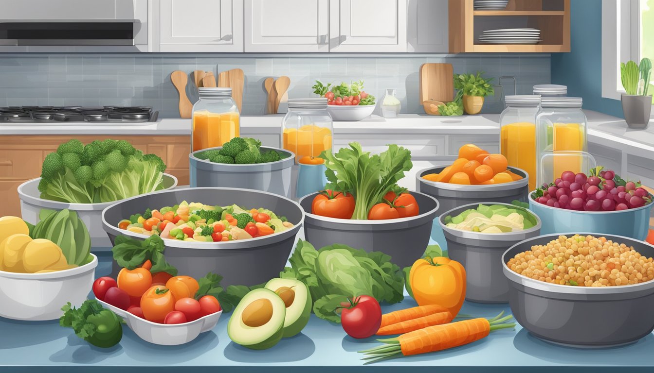 A kitchen counter with various prepped meals in containers, surrounded by fresh fruits and vegetables