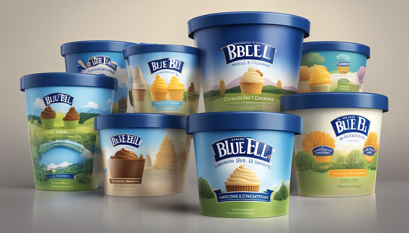 A series of Blue Bell ice cream containers, showcasing the evolution of packaging design, set against a backdrop of a competitive market landscape