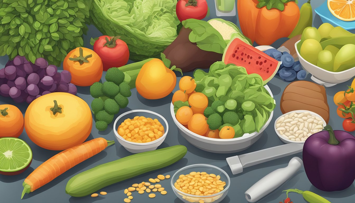 A colorful array of fruits, vegetables, grains, and lean proteins arranged on a kitchen counter, with a measuring tape and weight loss injections nearby