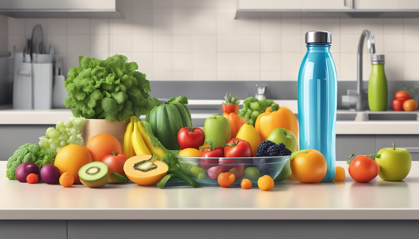 A colorful array of fresh fruits and vegetables, a reusable water bottle, and a set of weight loss injections on a clean kitchen counter