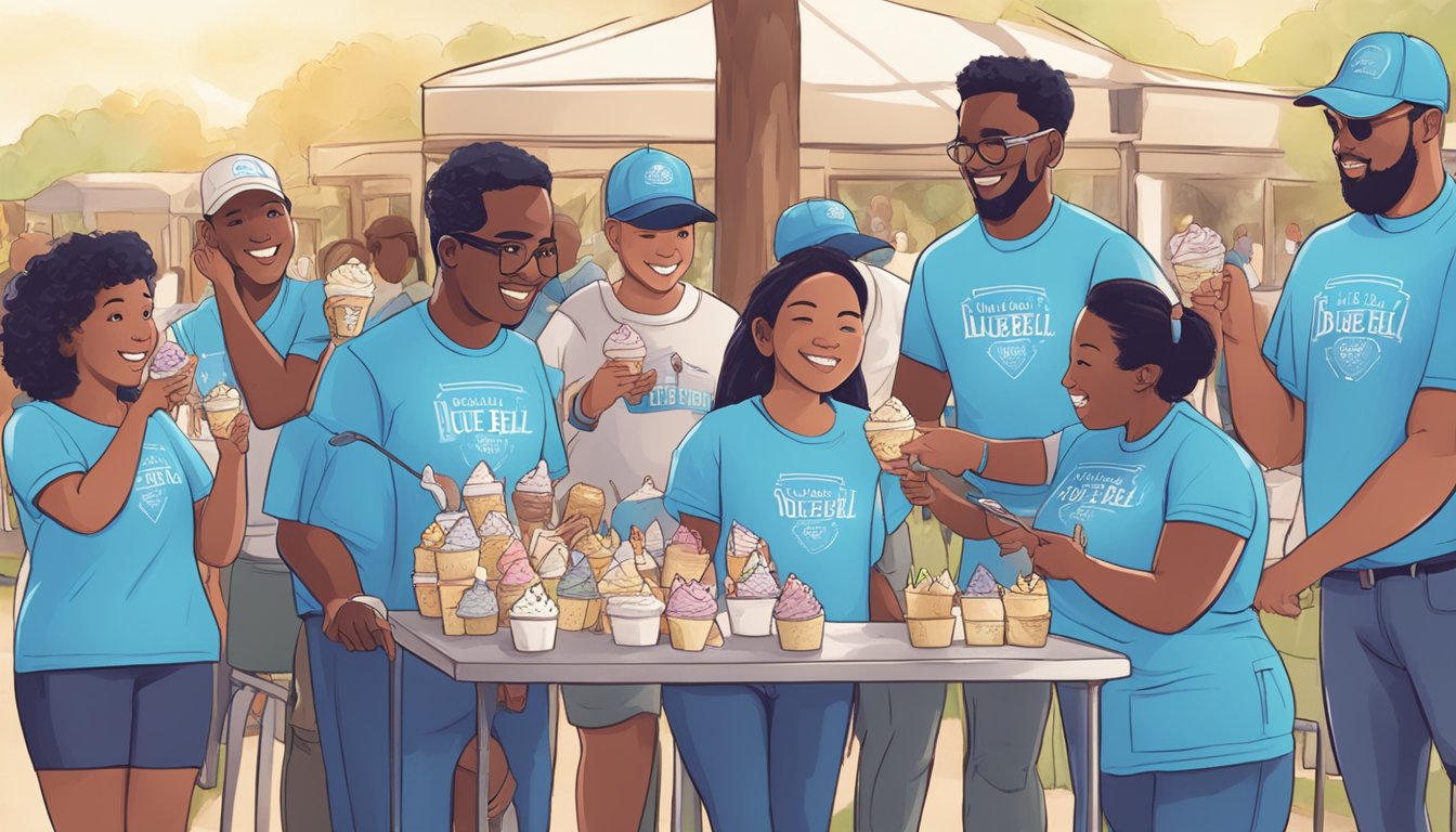 A group of Blue Bell employees volunteering at a local charity event, serving ice cream to a diverse crowd