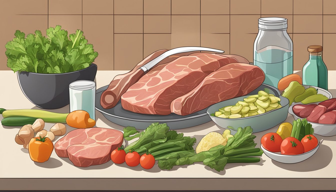 A kitchen counter with assorted lean meats, fresh vegetables, and a bottle of weight loss injections