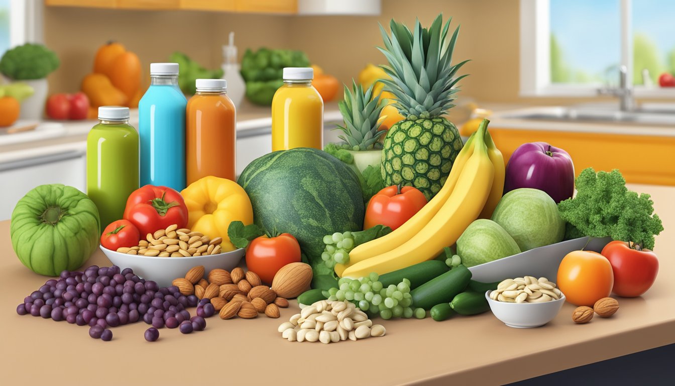 A colorful array of fruits, vegetables, nuts, and legumes arranged on a kitchen counter, with a bottle of weight loss injections nearby