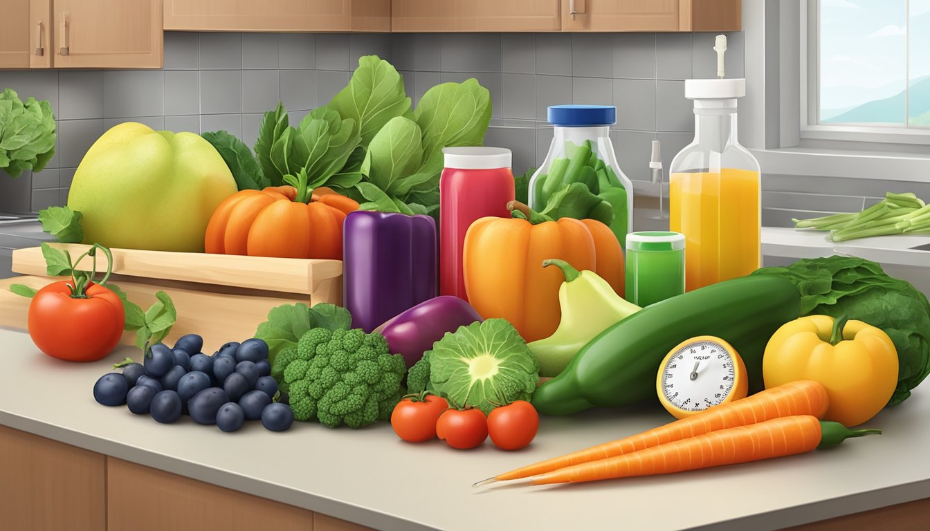 A colorful array of fresh fruits and vegetables arranged on a kitchen counter, with a syringe and vial of weight loss injections nearby