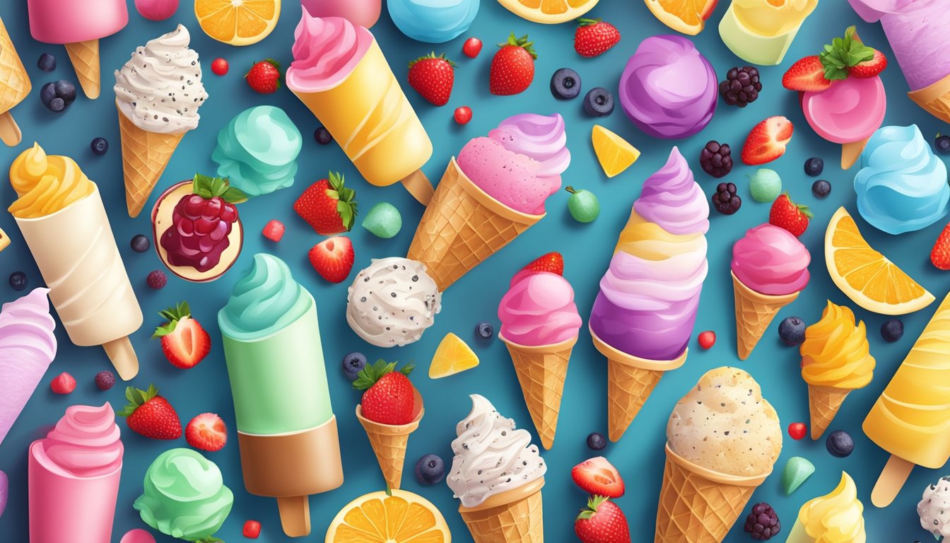 A colorful assortment of ice cream flavors arranged in a pattern, surrounded by fresh fruit and vibrant toppings on a clean, modern countertop