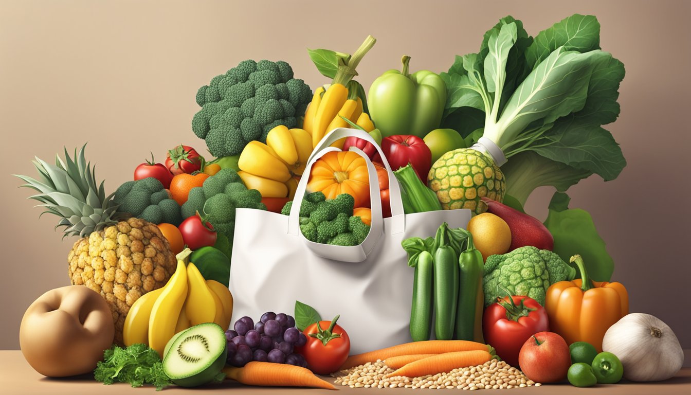 A colorful array of fresh fruits and vegetables spilling out of a shopping bag, surrounded by lean proteins and whole grains on a kitchen counter