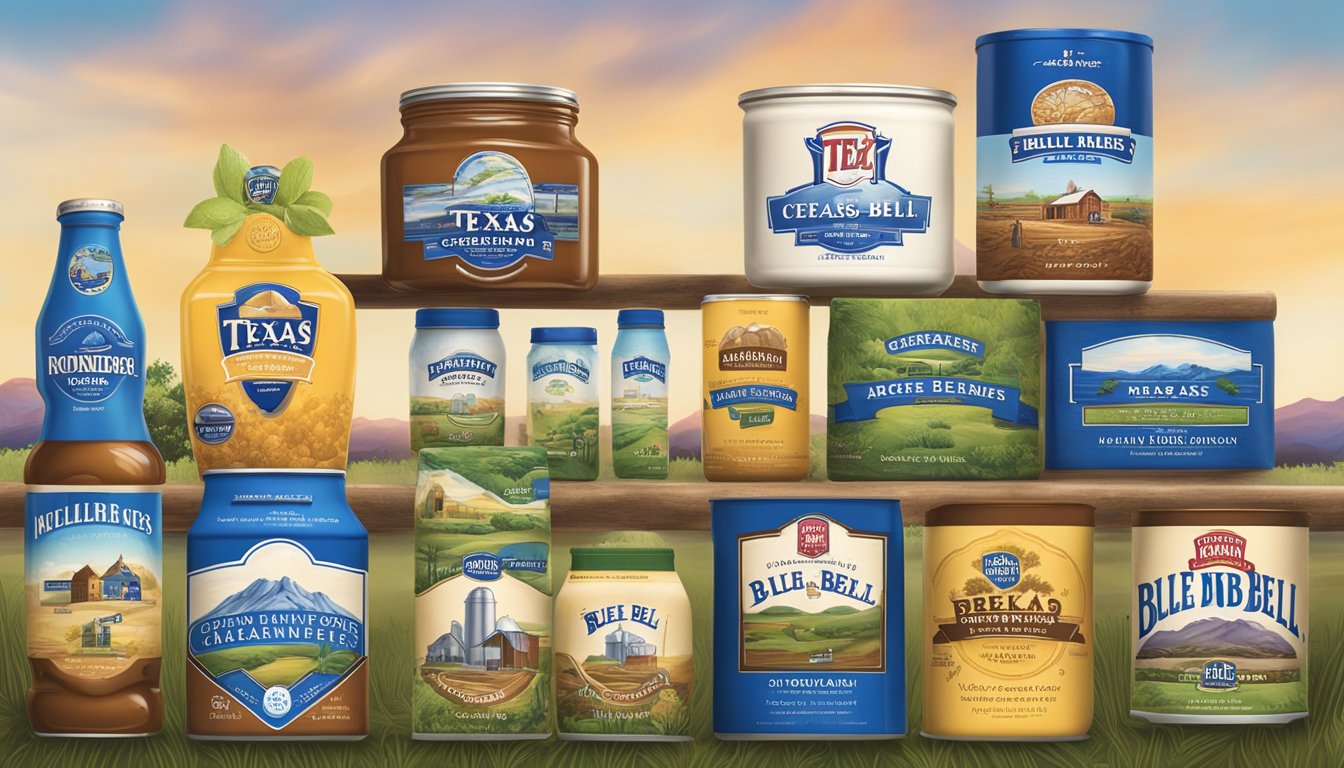 A vibrant Texas landscape with iconic Blue Bell Creameries products alongside other Texas brands' logos, symbolizing collaboration and heritage