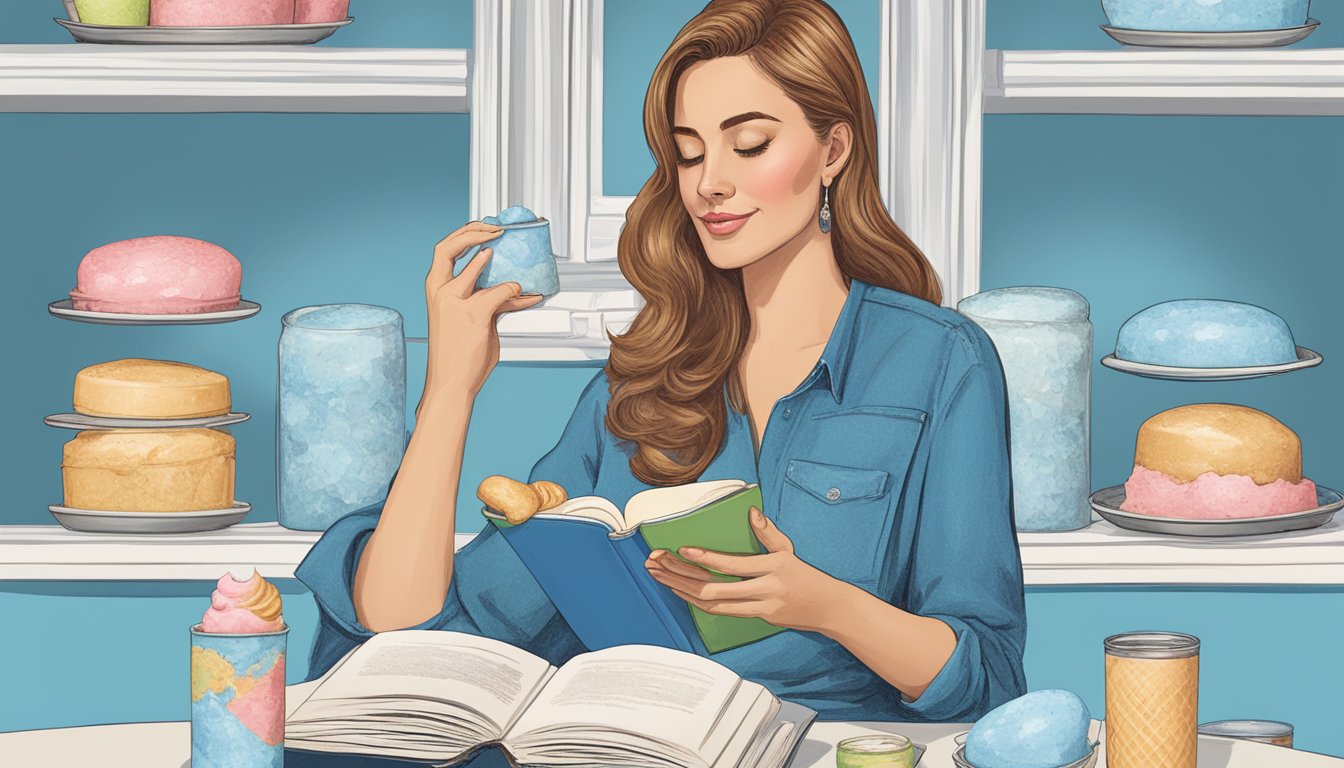 A woman enjoying a bowl of ice cream while reading a book titled "The Blue Bell Diet" surrounded by empty ice cream containers