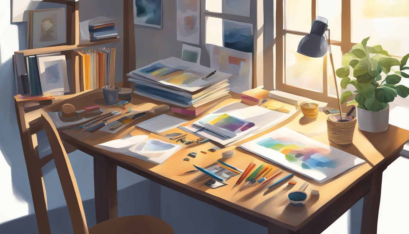 A table with scattered "before" photos, surrounded by art supplies and tools. Light streams in from a nearby window, casting shadows across the scene