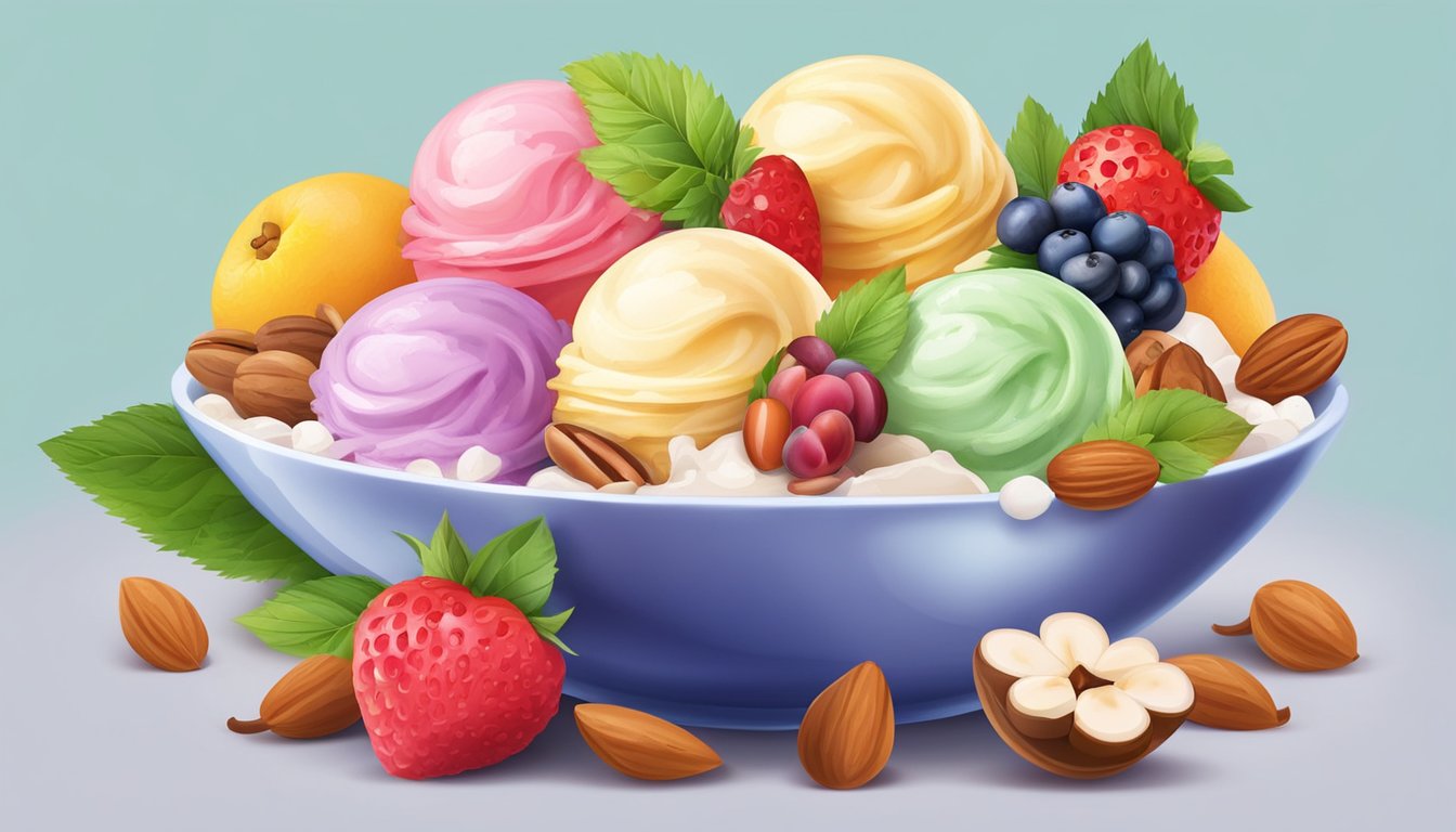 A colorful bowl of ice cream surrounded by fresh fruits and nuts on a table