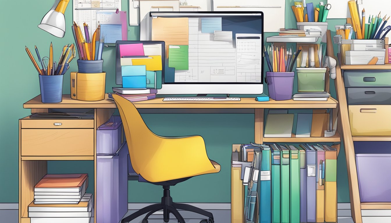 A cluttered desk transforms into an organized workspace with labeled storage and colorful supplies